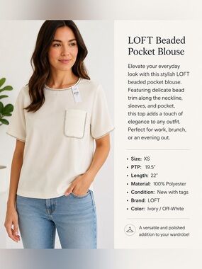 LOFT Ivory Beaded Trim Pocket Blouse Top XS NWT Elegant Minimalist